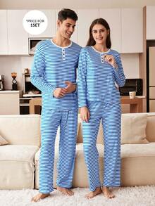 CoupledUp Set de pijamale pentru bărbați, cu mânecă lungă și pantaloni lungi, cu imprimeu contrastant și dungi, stil american casual