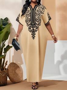 SHEIN Lady Women's Khaki Print Maxi Dress With Notched Neck And Batwing Sleeves Modest Semi-Sheer Tunic - Khaki - View 4