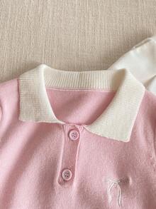 PrepCrw 女童学院风蝴蝶结刺绣Polo领短袖毛衣 - 粉色 - 查看 5
