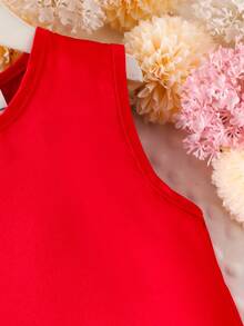 Elladie kids Đầm công chúa màu đỏ trơn không tay, xếp ly, thắt nơ, tối giản, thanh lịch cho bé gái, thích hợp mặc mùa hè, ngày Valentine. - Đỏ - Xem 6