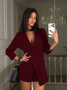 Ronhire 素色青果領圍裹連體短褲 - 酒紅色 - 查看 2