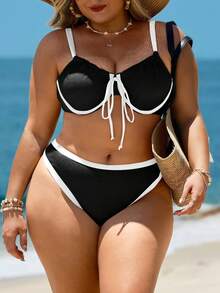 Swim Lushoire 大码撞色纹理钢圈泳装套装，度假 - 黑與白 - 查看 1