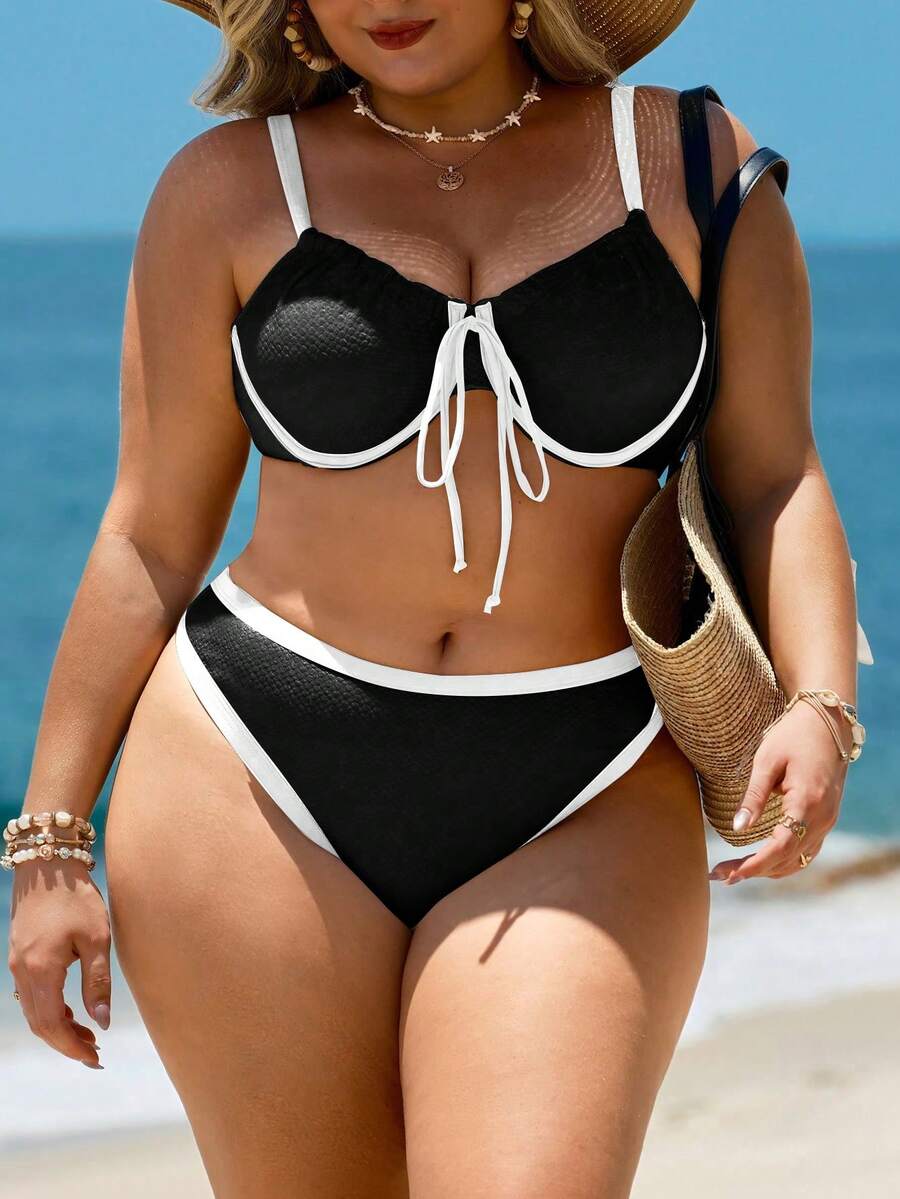 Swim Lushoire 大码撞色纹理钢圈泳装套装，度假 - 黑與白 - 查看 1