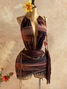 Soleia Đầm ôm sát cổ khoét sâu họa tiết cổ điển gợi cảm dành cho nữ, thích hợp cho tiệc tùng ngày lễ, Giáng sinh, đêm hẹn hò, hộp đêm, phong cách Bohemian, Boho, kỳ nghỉ, mùa thu - Nhiều màu - Xem 3