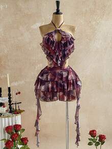 Soleia Váy dự tiệc cưới bãi biển kiểu phương Tây cho kỳ nghỉ bình thường mới, váy ngắn hở lưng họa tiết bohemian nhiệt đới thanh lịch, thiết kế xếp nếp, khoét eo bằng kim loại cho Ngày lễ Thánh Patrick, Kỳ nghỉ xuân, Lễ Phục sinh, Lễ hội âm nhạc - Màu hồng gỉ - Xem 4