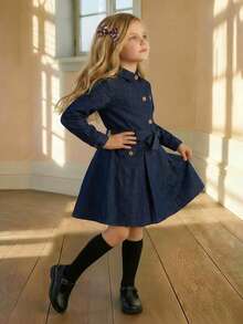PrepCrw Young Girls' Embroidered Button-Front Long Sleeve Dress, Collegiate Style - Blue - View 4