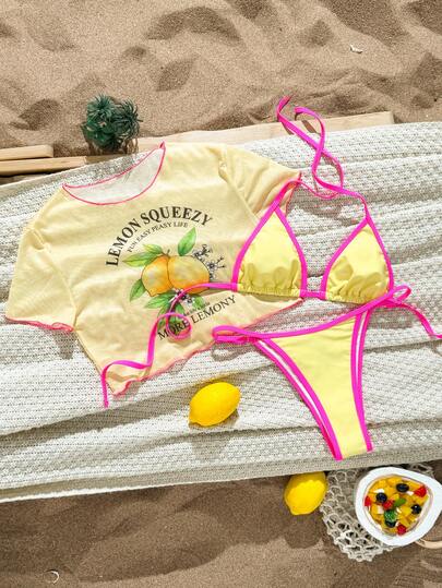 Swim Vcay 2026 New Women's Printed Triangle Bikini Top With Mesh Lining, Casual Sexy Bikini Set Set For Beach Vacation Summer