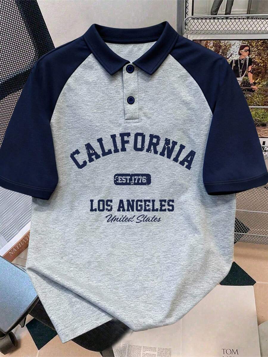 Claim Dot 标准尺码男士学院风字母插肩袖Polo衫，适合上学、外出、送朋友 - 藏蓝色 - 查看 1