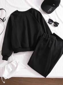 2pcs/Set Girls Casual Minimalist Crew Neck Sweatshirt Set, With White Ribbon Trim On Sleeve And Pant Side, Suitable For Spring & Autumn, Heavy Weight 250G Sweatshirt Jacket - Black - View 2