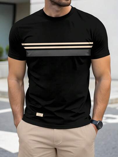 Manfinity Homme Stylish Casual Contrast Stripe Patchwork Print Short Sleeve T-Shirt For Men, Slim Fit, Essential For Dates And Gatherings, Suitable As Gift For Boyfriend