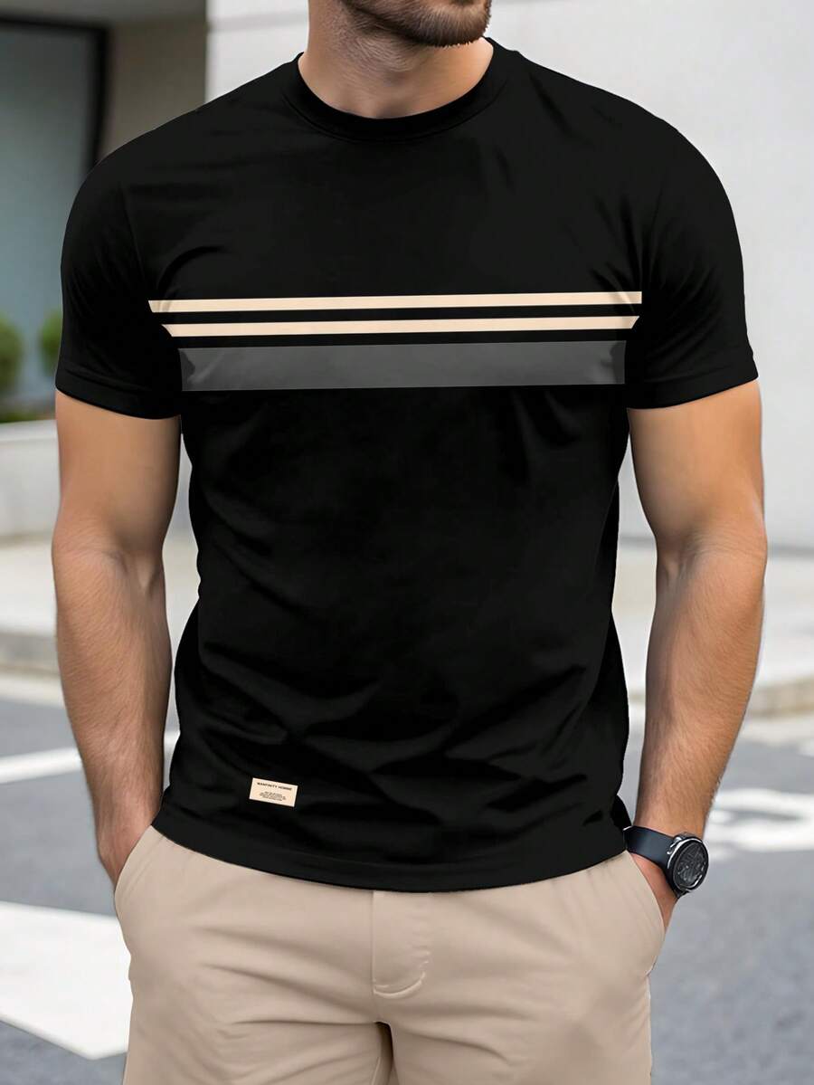 Manfinity Homme Stylish Casual Contrast Stripe Patchwork Print Short Sleeve T-Shirt For Men, Slim Fit, Essential For Dates And Gatherings, Suitable As Gift For Boyfriend - Black - View 1