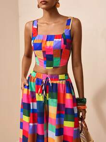 Zivah 2026春夏新款音乐节、复活节、圣帕特里克节、情人节、约会、西部风、游牧风、休闲风、度假、邮轮、海滩、假日女装几何图案无袖上衣和带口袋的阔腿裤两件套 - 彩色 - 查看 2