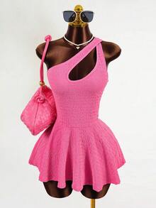 Mistrie 新款质感面料修身优雅度假连衣裙，单肩设计，带内衬裙 - 玫紅色 - 查看 6