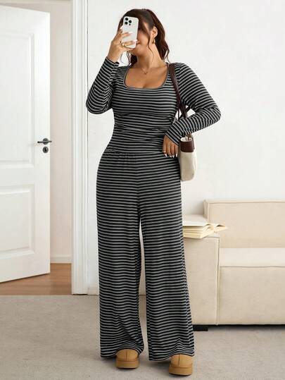 SHEIN Frenchy Plus Size Women Square Neck Striped Long Sleeve T-Shirt And Wide Leg Pants Casual 2 Piece Set