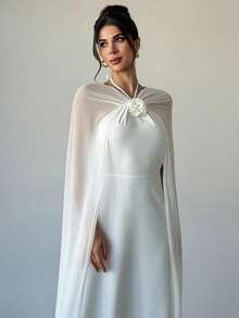 Firerie 女士优雅、精致、浪漫、简约的节日派对舞会婚礼宾客礼服，生日、情人节、约会、度假，3D立体花卉雪纺长围巾A字型白色连衣裙 - 白色 - 查看 2