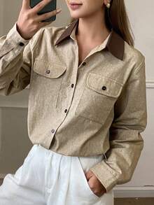 DAZY 撞色宽松长袖翻领工装夹克，休闲街头风女装，秋冬女式外套 - 棕色 - 查看 7