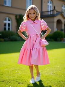 Girls' Sweet Bowknot Decor Puff Sleeve Button Front Dress,Pink And White,Summer,Cute,Flower Girl Princess Style Soft & Flowy Fabric For Summer Outings - Pink - View 4