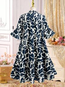 Tween Girl Vacation Floral Print V-Neck Flare Sleeve Casual Dress - Apricot - View 3