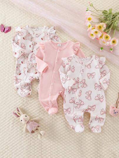 2pcs Newborn Baby Long Sleeve Footed Jumpsuit, Cute Bear & Bow Pattern, Soft & Stretchy Knit Comfortable Sleepwear, Best Gift For Newborns