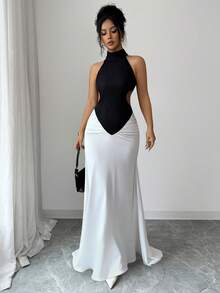 SHEIN Elenzya New Spring/Summer Black & White Color Block Design, Sexy High Slit Cold Shoulder Ruched Fitted Maxi Dress, Elegant For Party, Formal Event, Wedding, Halloween, Christmas, Holiday Vacation