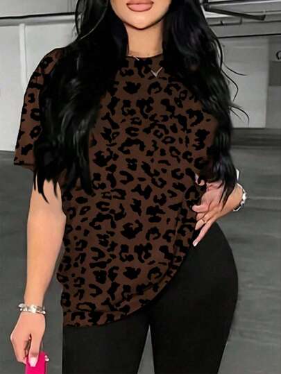 SHEIN New Fashionable Casual Women Leopard Print Round Neck T-Shirt