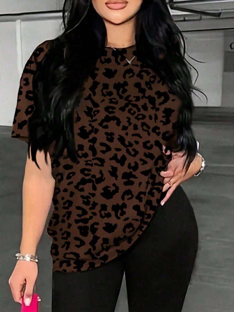 Nueva camiseta casual de mujer con cuello redondo y estampado de leopardo - Multicolor 2 - Añade 6