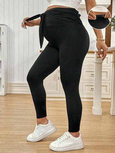 SHEIN Leggings de maternidad informales de unicolor con cordón y cintura alta