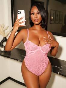 Pink Leopard Print Sheer Mesh Bodysuit, Super Soft, Comfortable & Stretchy - Pink - View 1