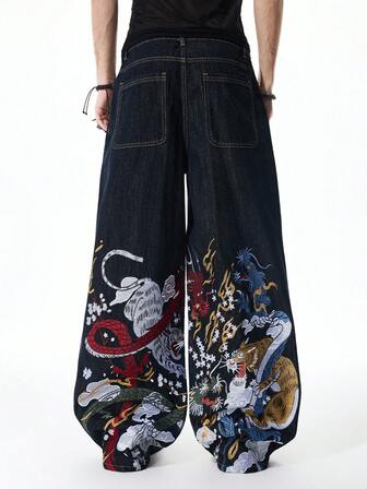 Jeans à jambe large avec broderie de dragon, mode homme