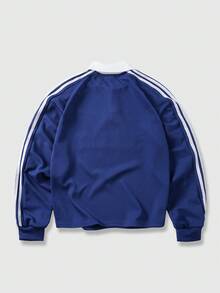 ROMWE MEN Prep 男士休闲撞色条纹字母刺绣 Polo 衫，秋季款 - 藍色 - 查看 2