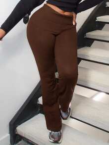 Alexandranx Apricot Tight Waist Flare Pants, Minimalist Commute, Home, Casual Wear Young Women Knit Pants Autumn Winter Clothes For Women,Fall,Fall Clothes For Women - Coffee Brown - View 1