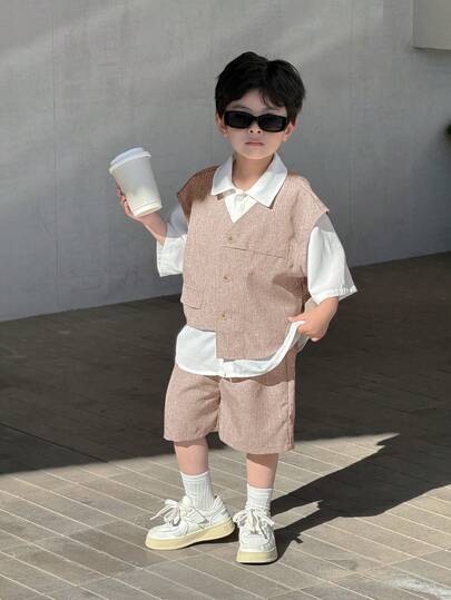 SHEIN 3pcs/Set Kids Casual Korean Style Side Pocket Sleeveless Cardigan, Solid Color Collared Shirt, And Relaxed Fit Pants, Suitable For First Day Of School, School Clothes, Crew Neck Sweatshirt, School Kids Clothes, Boys Kids Outfits, Toddler Boy Clothes, School Back To School Boys Set, Boys Outfits, Suitable For Daily Wear, School, Outings, Sports, Spring/Summer