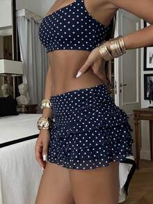 Ronhire 女士褶皱全印花简约 A 字裙，休闲且适合度假 - 藏蓝色 - 查看 6