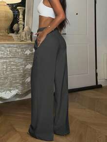 Ronhire 女式高腰直筒褶皱长裤 - 深灰色 - 查看 5