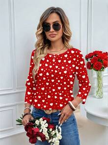 EMERY ROSE Women's Valentine's Day Allover Heart Print Round Neck 3/4 Sleeve Blouse, Suitable For Spring/Summer, Valentine's Day Carnival - Multicolor - View 5