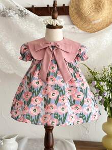 LMoss Kids LMoss   Baby Girl Woven Colorblock Peter Pan Collar Floral Puff Sleeve Casual Dress,فستان وردي,,فستان,تنوره,فساتين بنات,ملابس اطفال,Pink Dress,Baby Girls Clothes,Summer Clothes,Suitable For Everyday Life, Parties, Birthdays, And Celebrations In Spring And Summer. - Multicolor - View 4