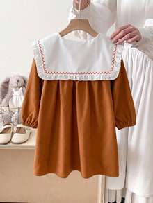 LMoss Kids فستان كاجوال للفتاة الصغيرة بطبعات زهور صغيرة وألوان سادة مخيطة مع طوق دمية