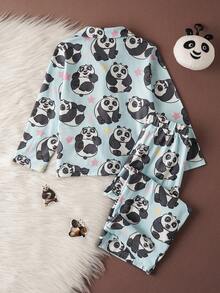 SHEIN Kung Fu Panda Young Girl Cartoon Panda & Star Print Lapel Collar Long Sleeve Top And Pants Pajama Set, Comfortable Casual For Spring/Autumn - Blue - View 2