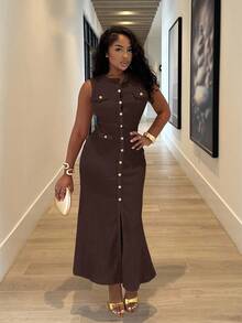 Alexandranx 新款春夏休闲优雅圆领无袖包边装饰金属扣鱼尾裙开襟包臀裙黑色纹理针织面料女长裙-B - 棕色 - 查看 4