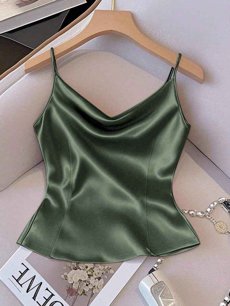 GlowEve 女士亮面梭织面料无袖收腰修身休闲吊带背心，适合春、秋、冬季穿着。 - 墨綠色 - 查看 1