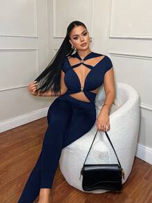 SHEIN SXY Blue Hollow-Out Sexy Bodycon Jumpsuit, Spring/Summer - Blue - View 3