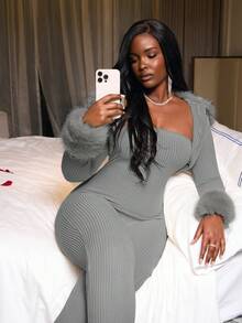 Slaydiva Women's Solid Color Ribbed Jumpsuit & Jacket 2 Pieces Set Grey Ribbed Jumpsuit Comfortable Jumpsuit - Grey - View 14