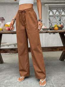 SHEIN Holidaya 女士纯色弹力腰抽绳口袋宽松直筒牛仔裤 - 咖啡棕 - 查看 3