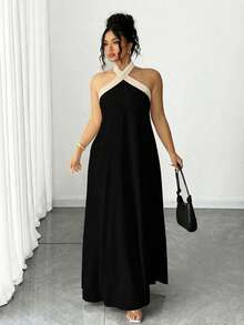 Elenzga Bộ sưu tập Kooky Elegance không bao giờ lỗi mốt (Phong cách u sầu) (Phong cách ngày thứ Tư) Đầm cổ yếm phối màu cỡ lớn - màu đen - Xem 4