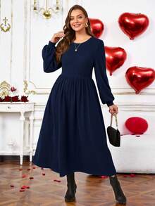 EMERY ROSE Váy len họa tiết cổ tròn tay dài cỡ lớn dành cho nữ, mùa thu - Màu xanh hải quân - Xem 5