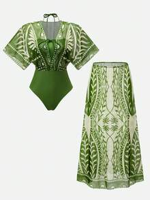 Swim Oasis 26SS 春夏度假系列优雅米色与绿色撞色波西米亚风半身裙套装 - 彩色 - 查看 11