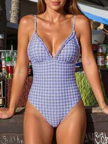Swim Mod 女士度假荷叶边格子性感吊带连体泳衣 - 彩色 - 查看 1