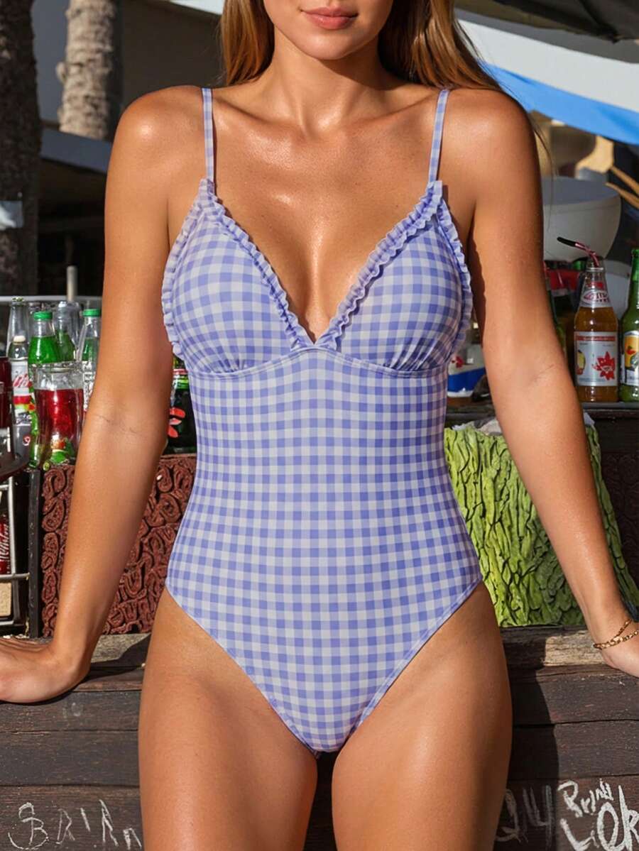 Swim Mod 女士度假荷叶边格子性感吊带连体泳衣 - 彩色 - 查看 1