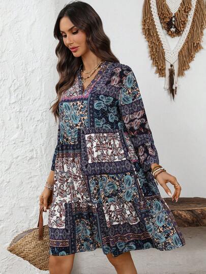 EMERY ROSE Women's Casual V-Neck Printed Mini Dress, Vacation Style Spring Outfit Women  Summer Outfits For Women Vacation Dress  Casual Dress For Women Casual Dresses For Women Boho  Vacation Dresses  Vacation Outfits For Women Holiday Outfits   Floral Dress