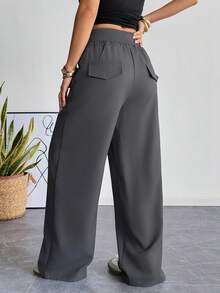 SHEIN EZwear 女士梭织阔腿休闲运动裤，黑色和灰色 - 深灰色 - 查看 2